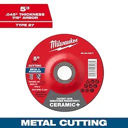 5" x .045" x 7/8" Ceramic+ Metal Cut Off Wheel - Type 27 with a red label, designed for cutting metal and stainless steel.