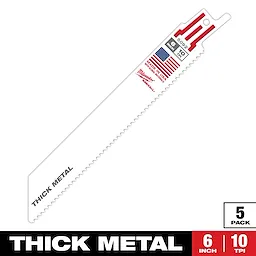 The product is the Sawzall Bi-Metal Carbide blade, designed for cutting thick metal. It is 6 inches long with 10 teeth per inch (TPI), shown here in a 5-pack. Made in the USA, it features branding details and specifications on the blade.