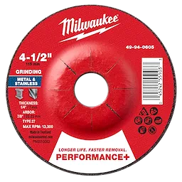 4-1/2" x 1/4" x 7/8" Performance+ Metal Grinding Wheel - Type 27, red, for metal and stainless grinding, max RPM 13,300.