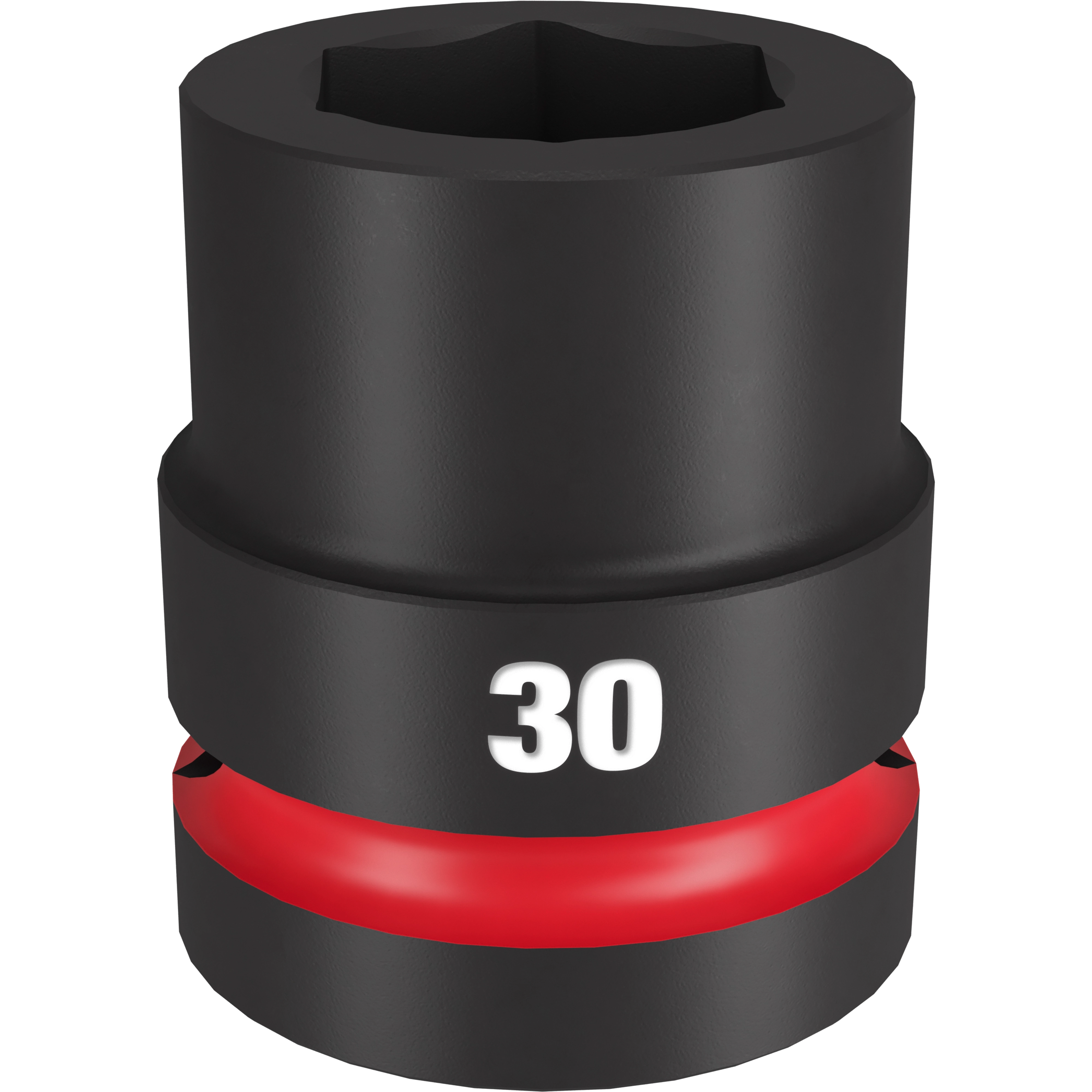1" Dr 30mm Std Impact Socket is a black cylindrical tool with a hexagonal opening at the top. It has a red ring near the bottom and the number “30” in large white font on its body. Designed for heavy-duty impact wrenches.