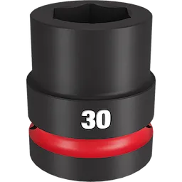 1" Dr 30mm Std Impact Socket is a black cylindrical tool with a hexagonal opening at the top. It has a red ring near the bottom and the number “30” in large white font on its body. Designed for heavy-duty impact wrenches.