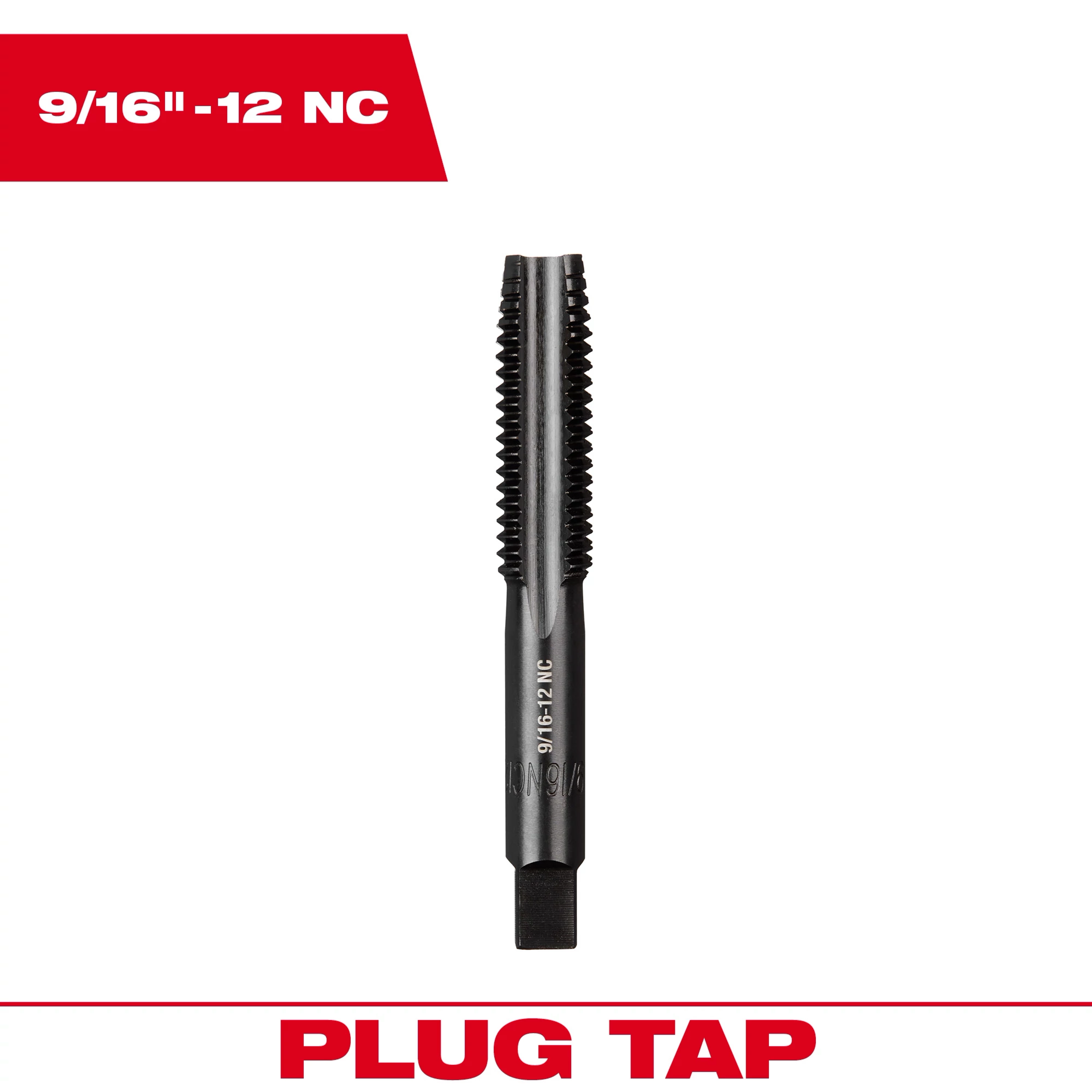 9/16"-12 NC Straight Flute Plug Tap, black and metallic, shown vertically against a white background with red text labels.
