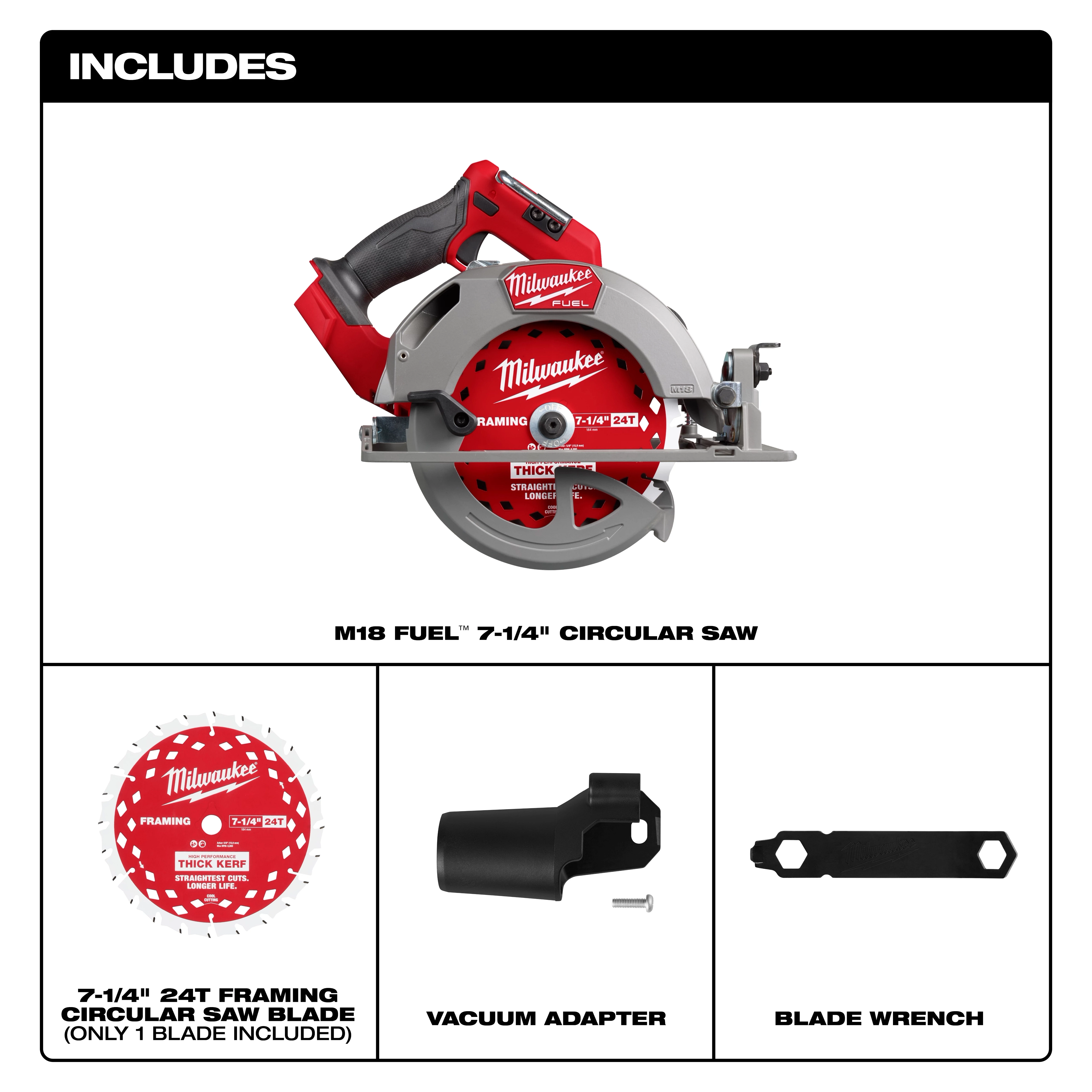 The M18 FUEL™ 7-1/4” Circular Saw package includes a 24-tooth framing circular saw blade, a vacuum adapter, and a blade wrench. The saw features a red and silver design with a handle and trigger for control, suitable for heavy-duty cutting tasks. Only one blade is included.