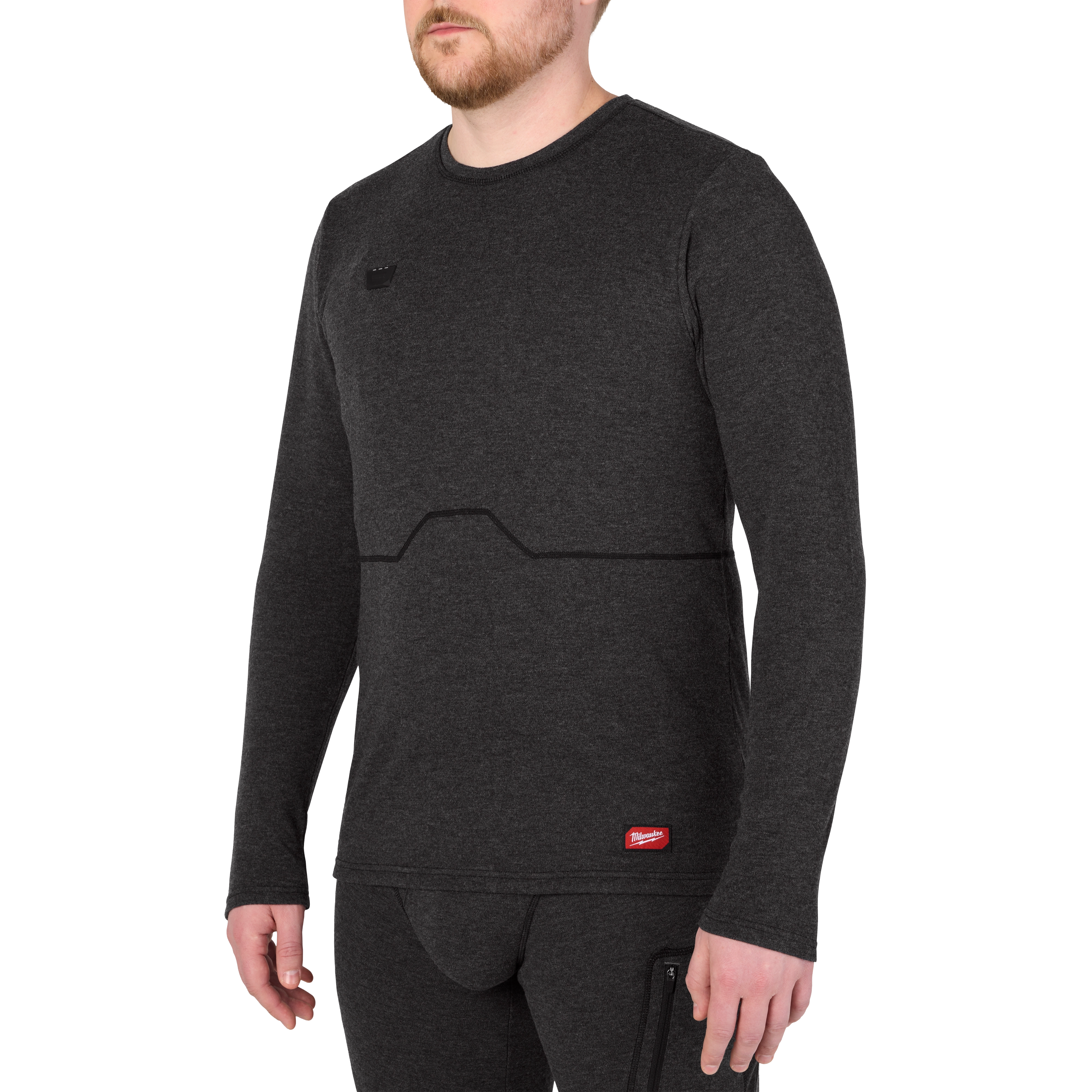 Milwaukee Heated Merino Wool Crew Neck Baselayer in dark gray, featuring long sleeves and a small red logo on the lower left.