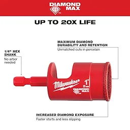 Milwaukee 1" Diamond Max Hole Saw with a 1/4" hex shank and increased diamond exposure for maximum durability and retention.