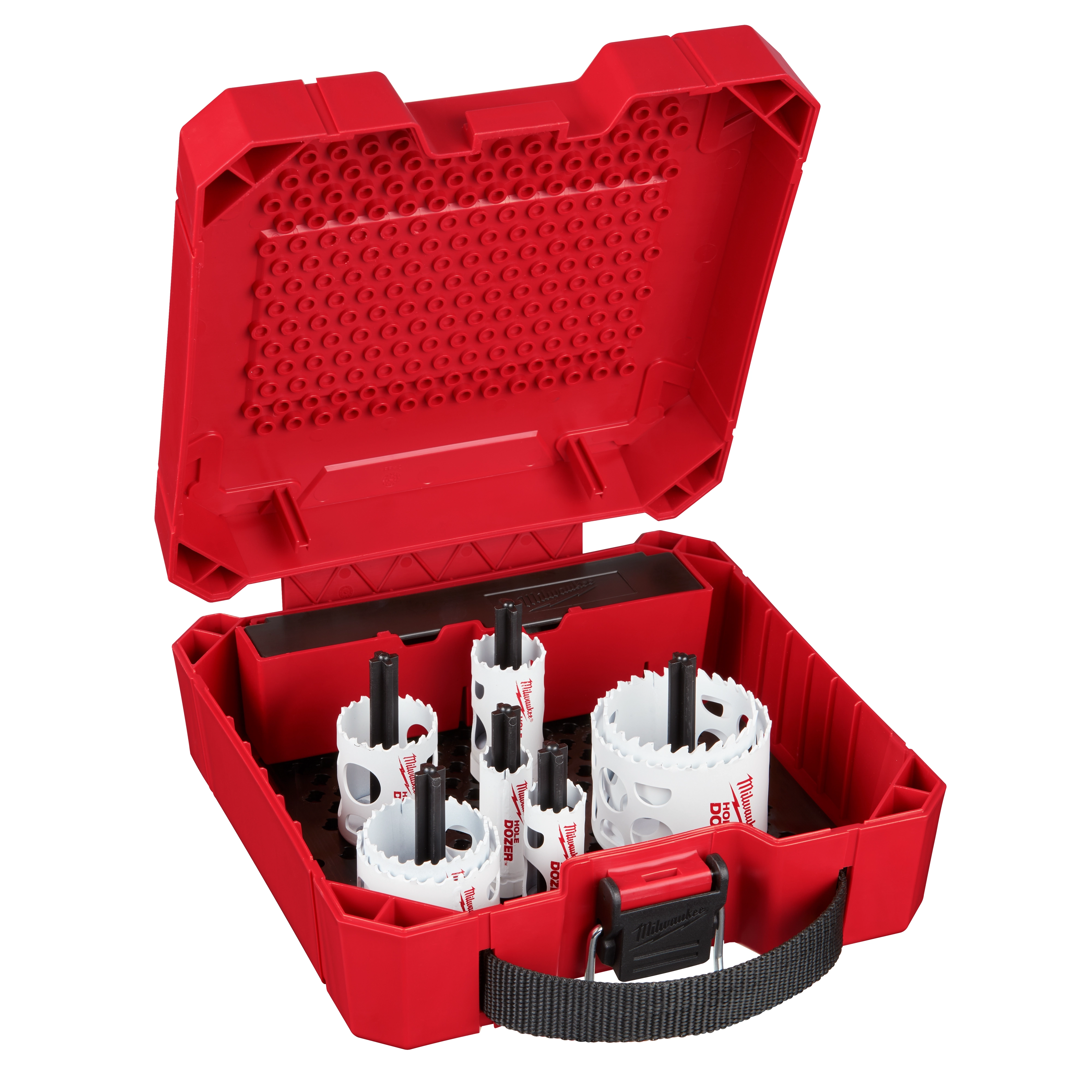 Red plastic carrying case containing the 12 PC Plumbing Hole Dozer HS Kit, featuring various sizes of hole saws organized inside.