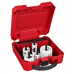 Red plastic carrying case containing the 12 PC Plumbing Hole Dozer HS Kit, featuring various sizes of hole saws organized inside.