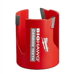 Red 2-1/4" BIG HAWG with Carbide Teeth hole saw with three carbide-tipped cutting edges and slots for material removal.