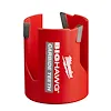 Red 2-1/4" BIG HAWG with Carbide Teeth hole saw with three carbide-tipped cutting edges and slots for material removal.