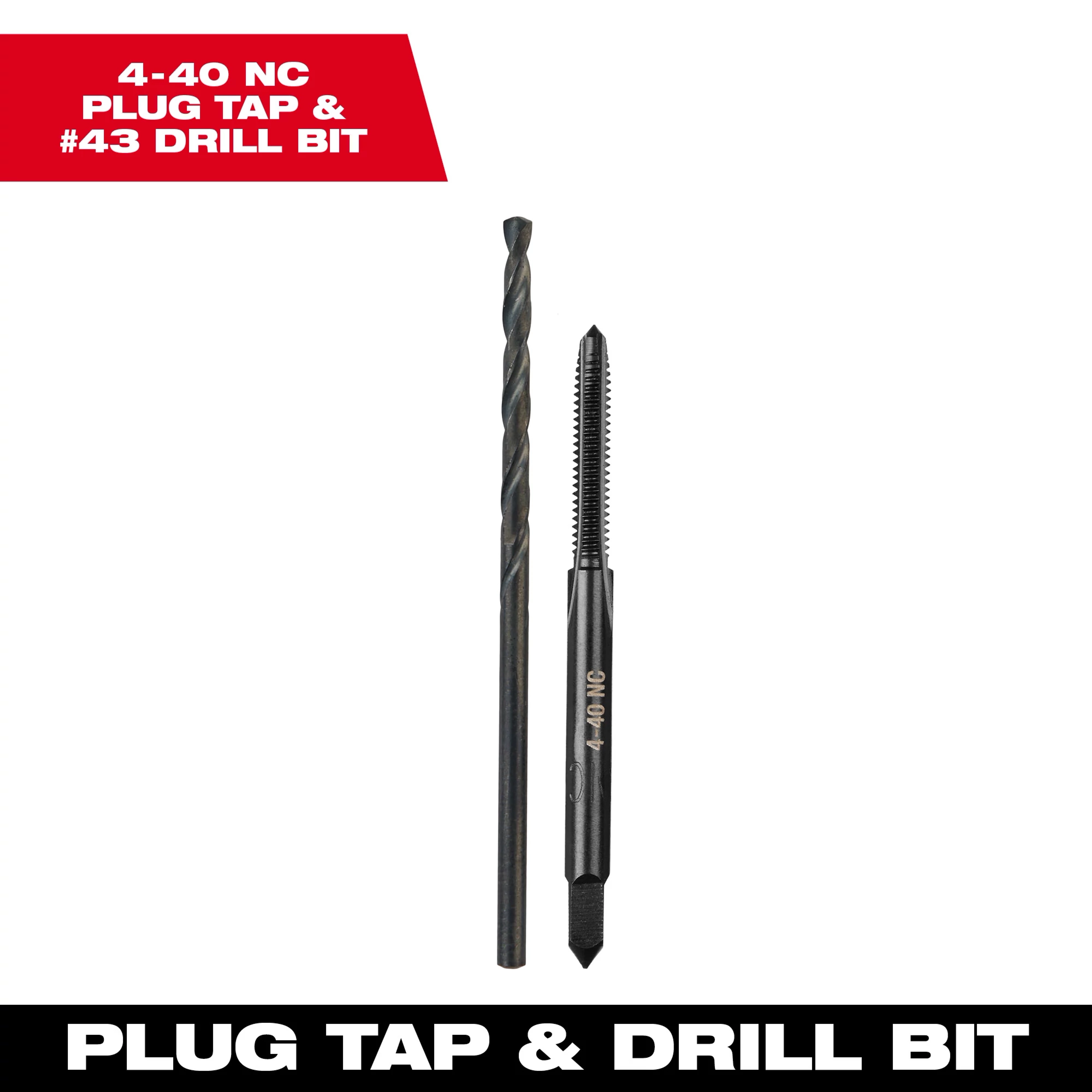 4-40 NC Straight Flute Plug Tap and #43 Drill Bit set, shown against a white background with product labels at the top and bottom.