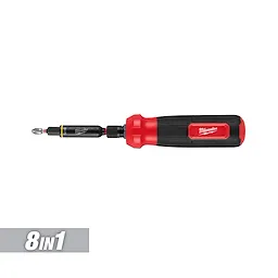 The 8-IN-1 Multi-Bit & Nut Driver with SHOCKWAVE Impact Duty Bits & Nut Drivers features a red and black handle with multiple bit attachments. It’s designed for versatility and impact durability in various applications.