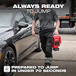 A person holding the M18™ HOTSHOT™ Jump Starter stands beside a parked car. The image text reads, "ALWAYS READY TO JUMP" and "PREPARED TO JUMP IN UNDER 70 SECONDS."