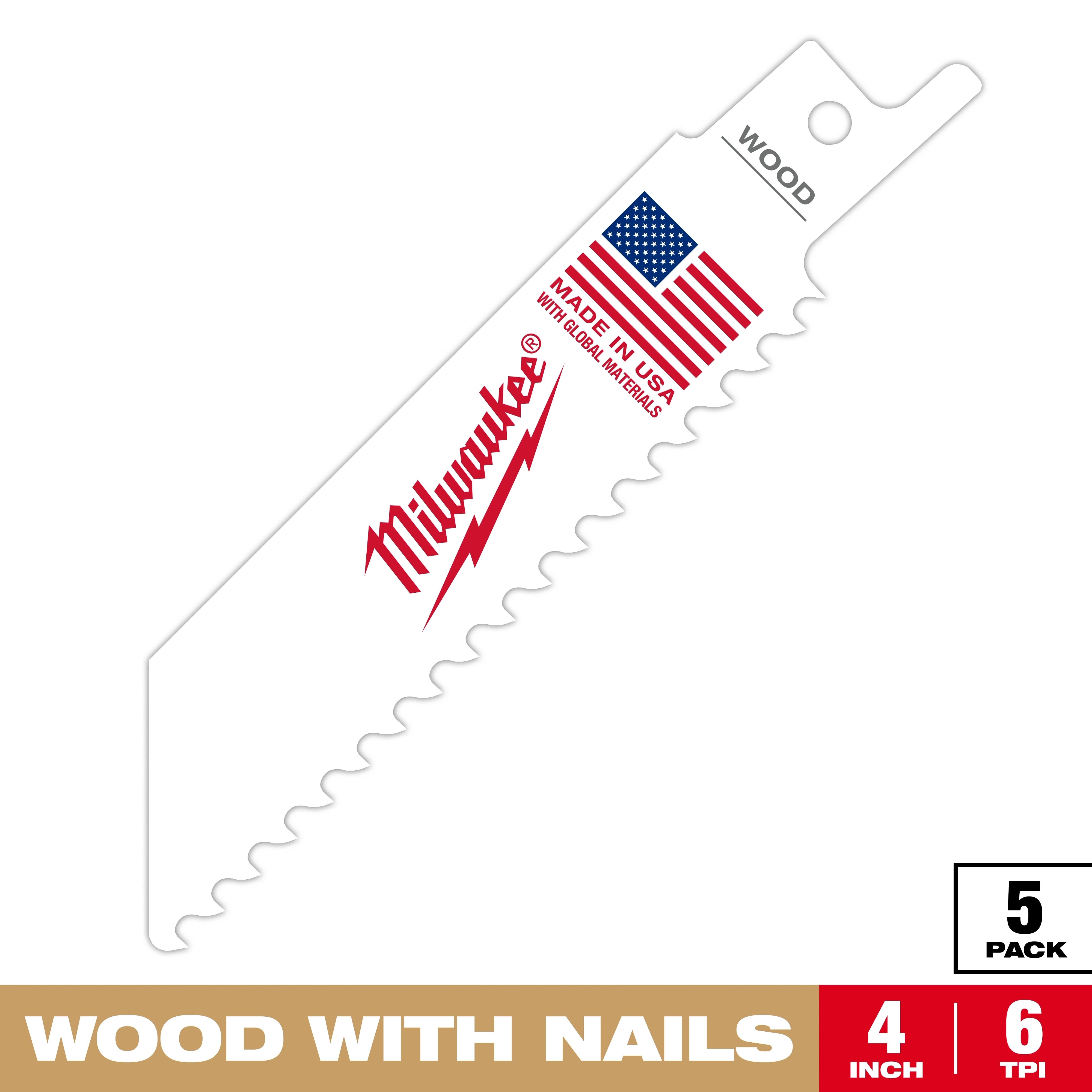 Milwaukee 4-inch saw blade for cutting wood with nails. Made in the USA, the blade has 6 teeth per inch and comes in a pack of 5. White with red Milwaukee logo and an American flag.