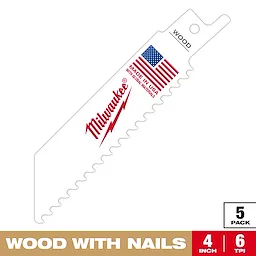 Milwaukee 4-inch saw blade for cutting wood with nails. Made in the USA, the blade has 6 teeth per inch and comes in a pack of 5. White with red Milwaukee logo and an American flag.
