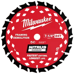 Image of a red 7-1/4” 24T NITRUS™ CARBIDE Framing & Demolition Circular Saw Blade. The blade features the Milwaukee logo, the words "Framing Demolition," and labels for "Fastest Cutting. Longest Life." The saw teeth are silver, and there are rectangular cutouts along the blade.