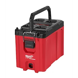 Red PACKOUT Compact Tool Box with a black handle and latch, featuring reinforced corners and durable construction for tool storage.