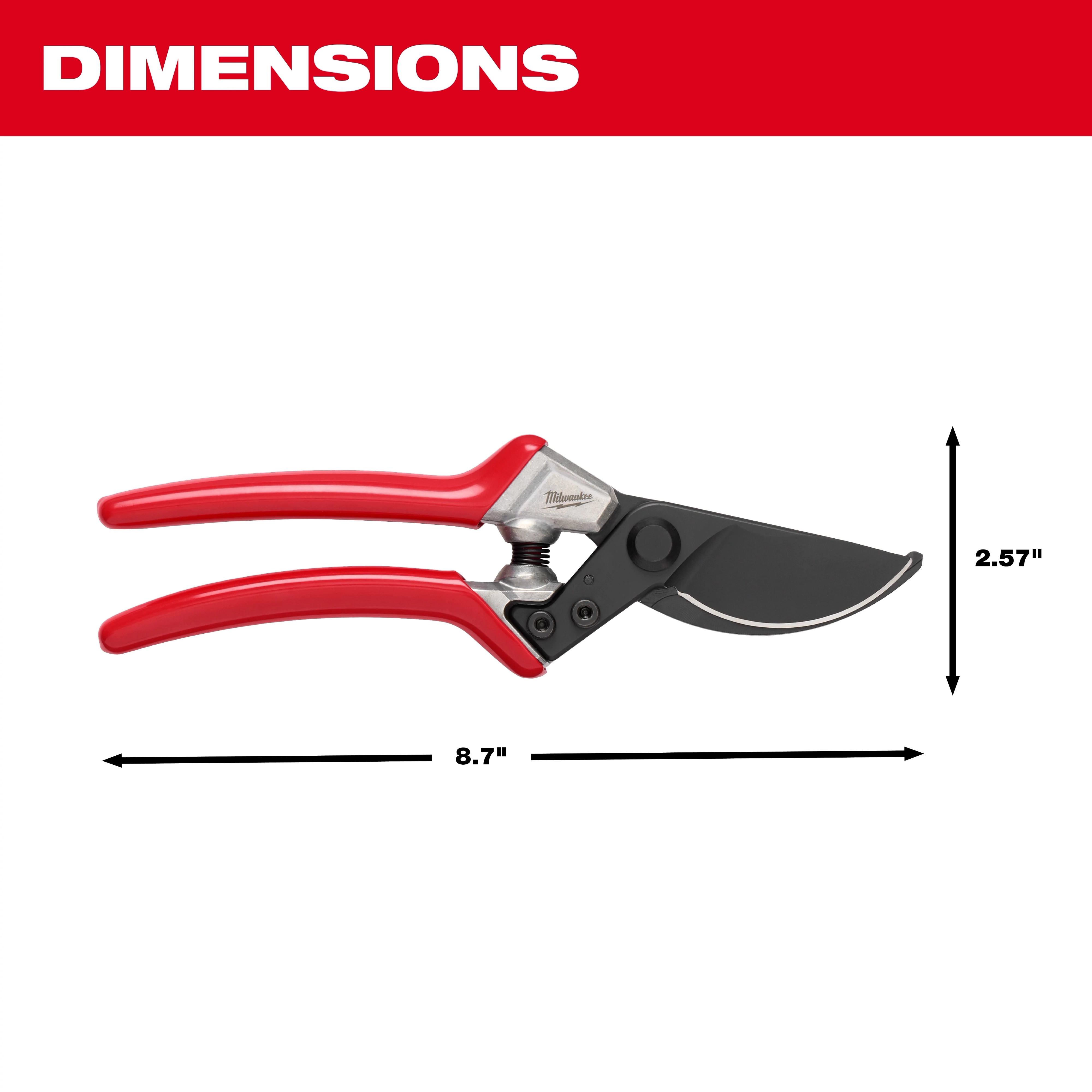 Image of a 1" Pruner with red handles and black blades. The dimensions of the pruner are shown: 8.7 inches in length and 2.57 inches in height. The pruner is designed for cutting branches and plants.