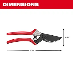 Image of a 1" Pruner with red handles and black blades. The dimensions of the pruner are shown: 8.7 inches in length and 2.57 inches in height. The pruner is designed for cutting branches and plants.