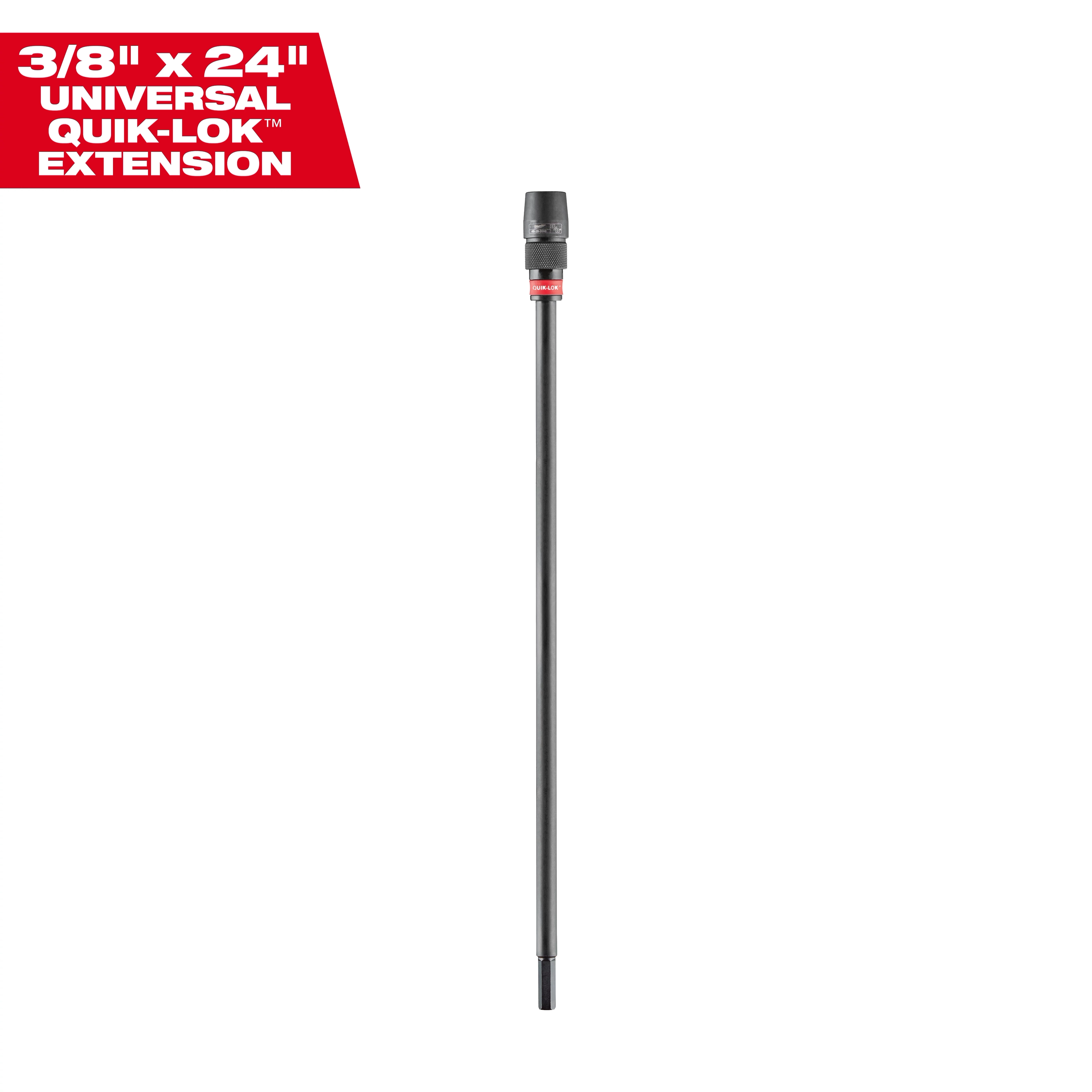 24" x 3/8" Universal QUIK-LOK Extension, black in color, with a compact connecting end, displayed against a white background.