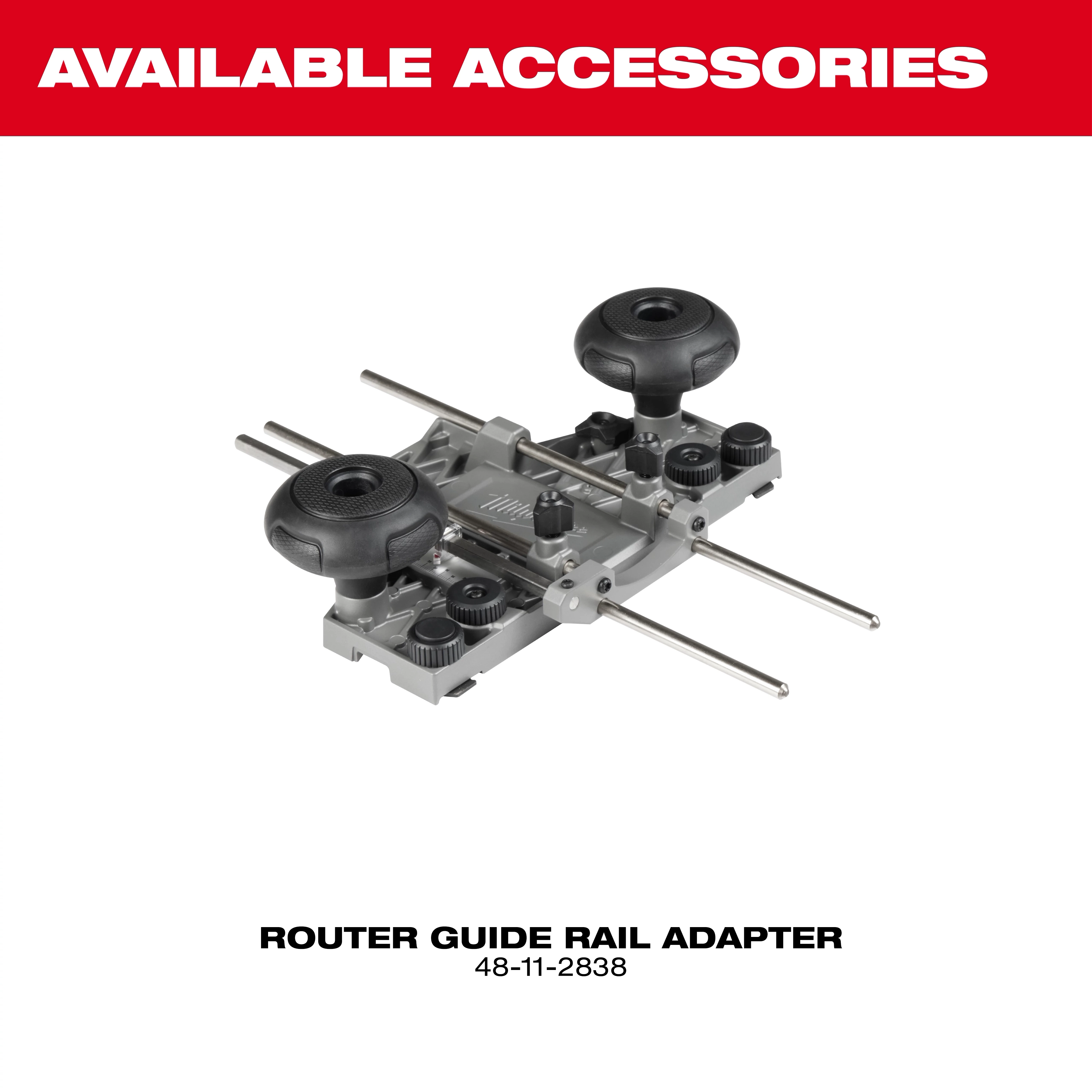 Router Guide Rail Adapter (model 48-11-2838) for use with the M18 Fuel 1/2" Router, featuring dual knobs and adjustment controls.