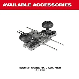 Router Guide Rail Adapter (model 48-11-2838) for use with the M18 Fuel 1/2" Router, featuring dual knobs and adjustment controls.