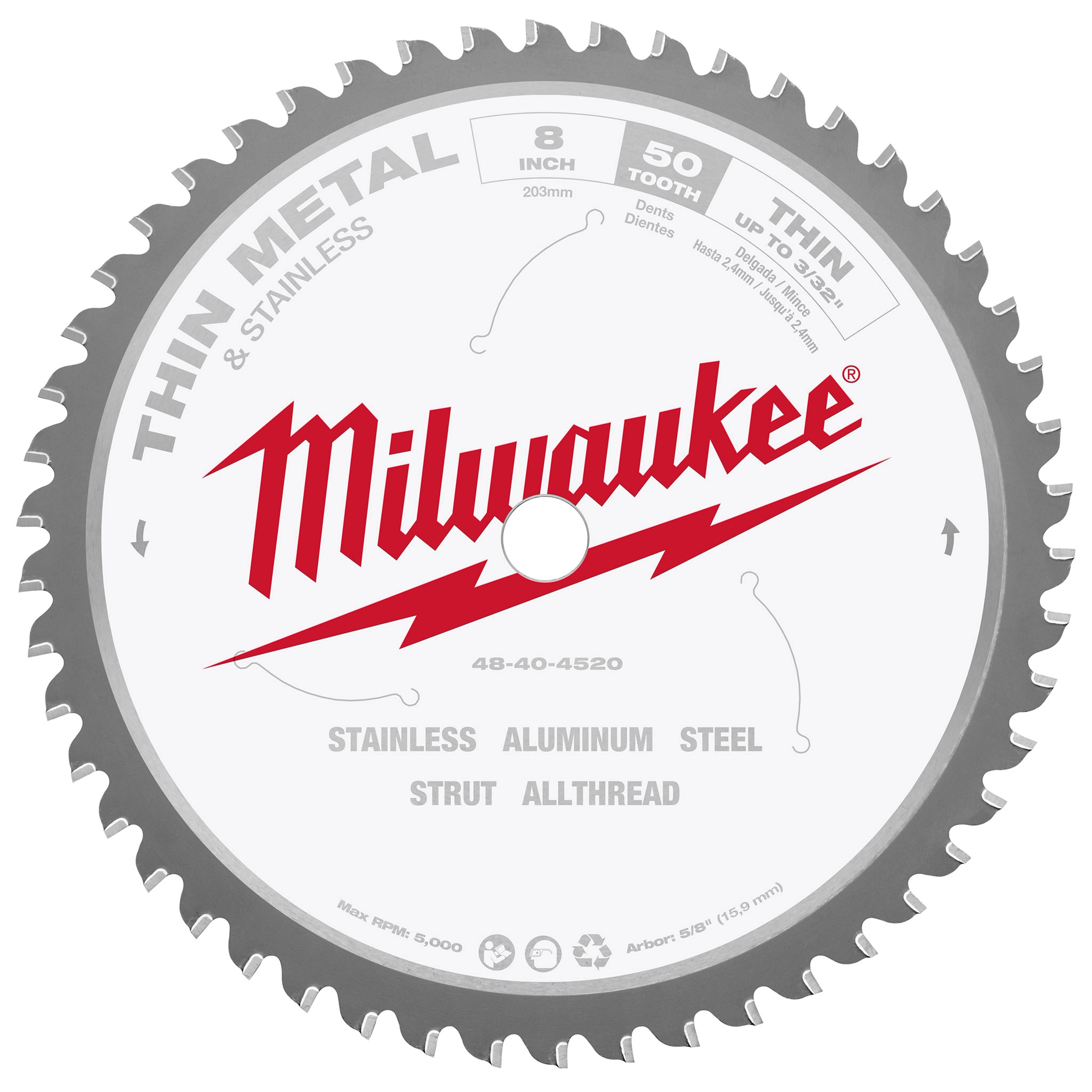 Milwaukee 8" Thin Metal Cutting Circular Saw Blade with 50 teeth designed for cutting stainless, aluminum, steel, strut, and allthread.