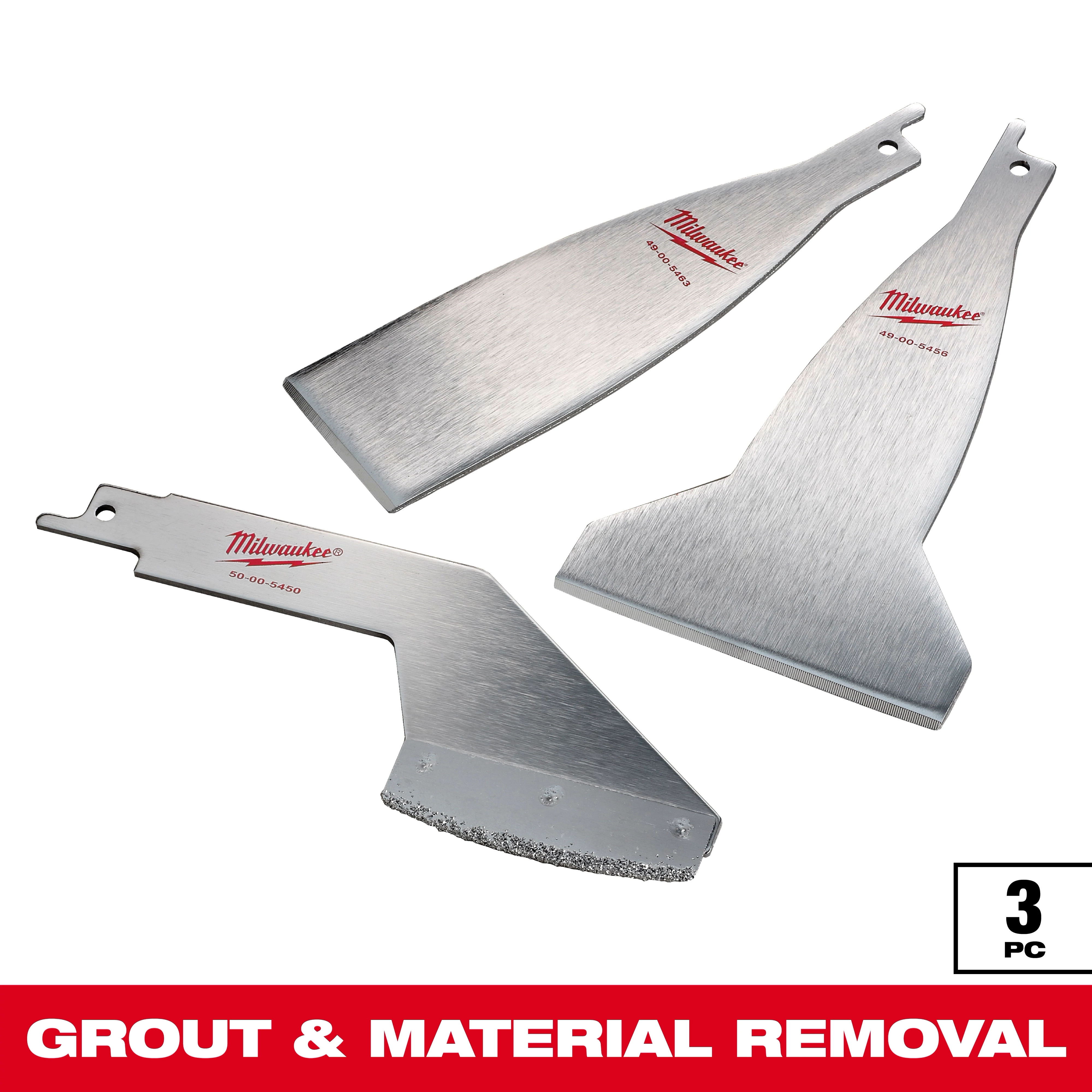 Milwaukee Grout and Material Removal Tool Set includes three silver metal blades designed for scraping and grout removal. Each blade has a different shape for varied removal tasks, featuring the Milwaukee logo in red. The set is labeled as a 3-piece kit.