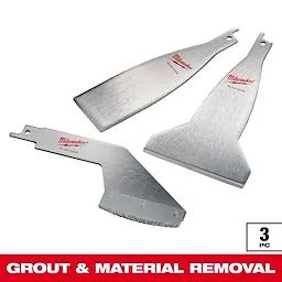 Milwaukee Grout and Material Removal Tool Set includes three silver metal blades designed for scraping and grout removal. Each blade has a different shape for varied removal tasks, featuring the Milwaukee logo in red. The set is labeled as a 3-piece kit.