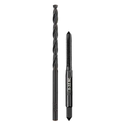 The image displays an 8-32 Straight Flute Plug Tap and #29 Drill Bit. The tap and drill bit are black, made from metal, and designed for threading and drilling applications. The tap includes engraved markings of size and specifications.