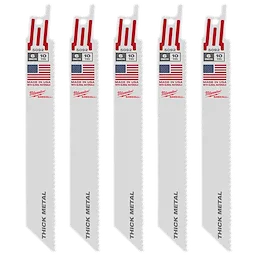 Five Milwaukee 6" 10 TPI SAWZALL® blades arranged vertically side by side. Each blade is white with a red and blue flag design near the top, labeled "Made in USA" and "Thick Metal." The blades are designed for cutting thick metal.