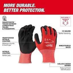 Cut Level 1 Nitrile Dipped Gloves displayed upright with text labels highlighting features around them