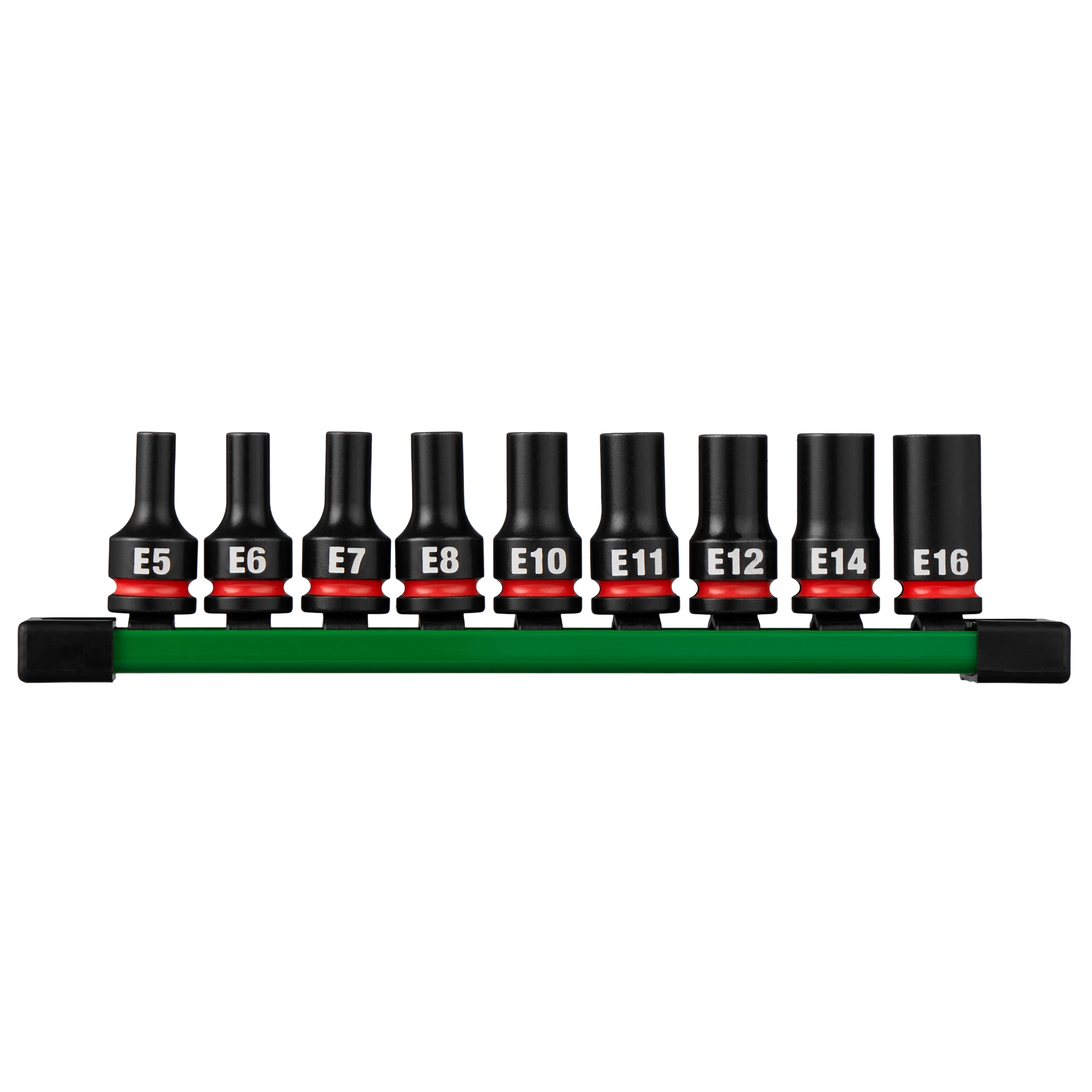 9PC SHOCKWAVE Impact Duty 3/8" Drive E-Torx Bit Socket Set arranged on a green rail holder.