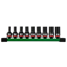 9PC SHOCKWAVE Impact Duty 3/8" Drive E-Torx Bit Socket Set arranged on a green rail holder.