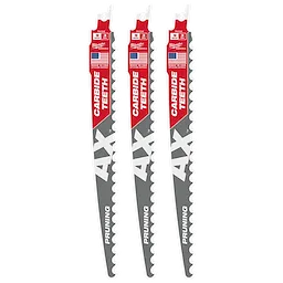 The 9" 3 TPI AX™ with Carbide Teeth SAWZALL® Blade for Pruning (3 PK) features three silver and red blades designed for cutting wood. Each blade has sharp, curved carbide teeth, a logo, and American flag on the upper part, emphasizing durability and efficiency in pruning tasks.