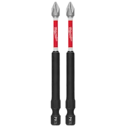 The image shows two SHOCKWAVE™ Impact Duty 3-1/2" PH1 Bits (2 PK) by Milwaukee. They have black bases, red middle sections with the Milwaukee logo, and silver Phillips head tips.