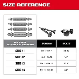 M2 Steel Screw Extractor Set 4PC displayed along with compatible screw and bolt size reference. The set includes extractors for screws ranging from No. 4 to No. 24 and bolts from No. 10 to 3/8 inch.