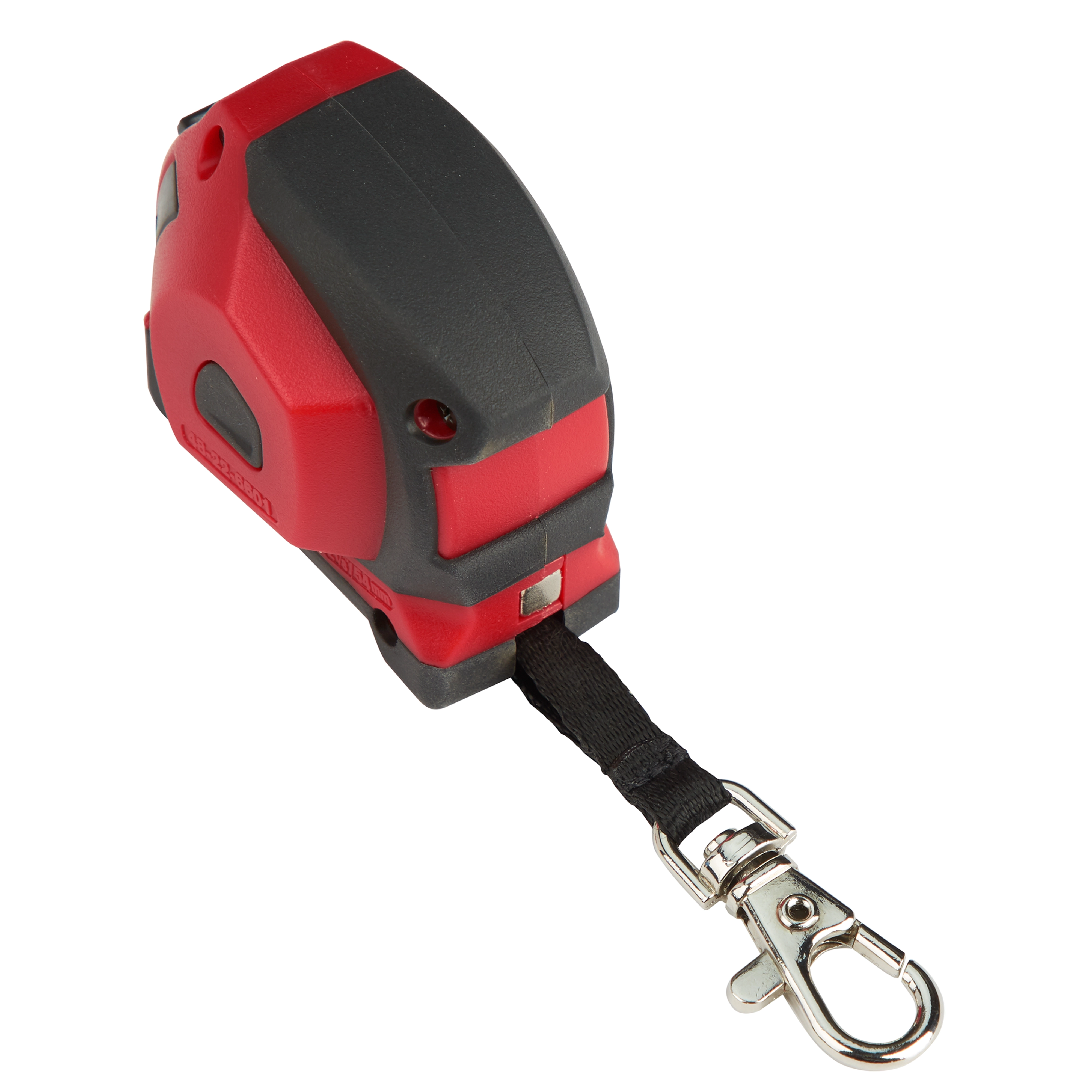 10ft/3 Keychain Tape Measure with LED, featuring a black and red body with a metal clip attachment and keychain strap.