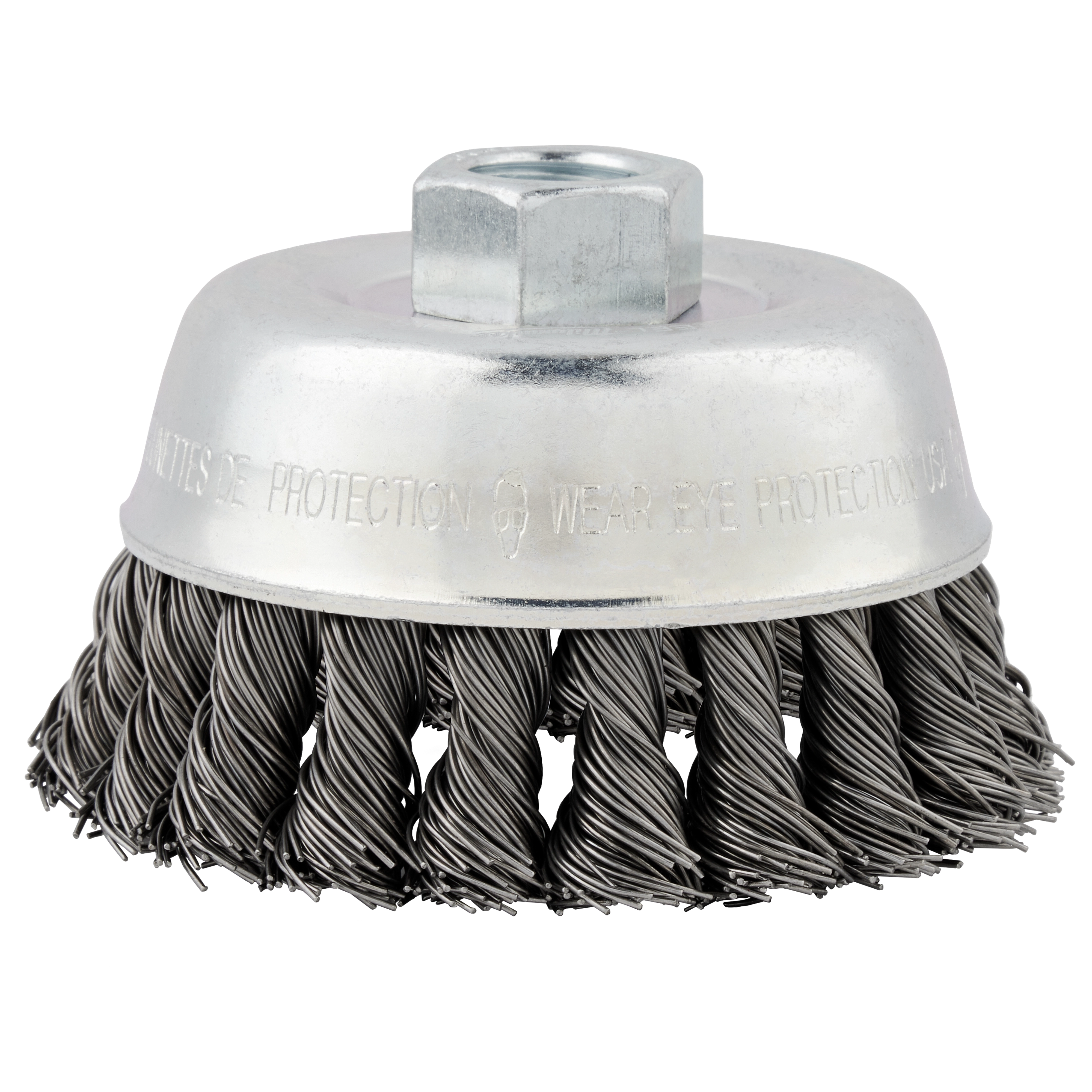 3-1/2" Knot Wire Cup Brush with carbon steel bristles and a hexagonal attachment point, designed for heavy-duty cleaning tasks.