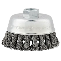 3-1/2" Knot Wire Cup Brush with carbon steel bristles and a hexagonal attachment point, designed for heavy-duty cleaning tasks.