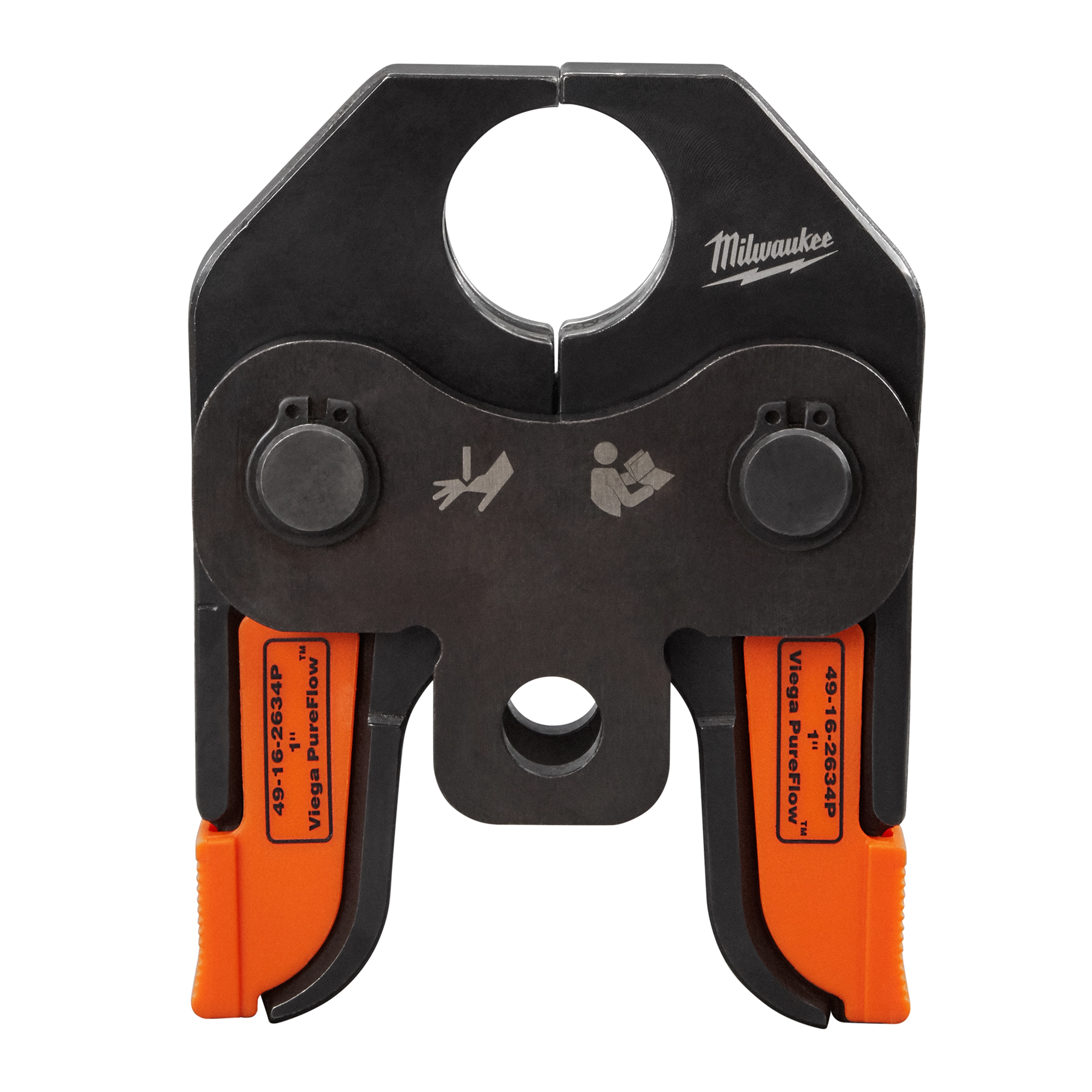 Milwaukee's M18™ Short Throw Press Tool with Viega PureFlow™ Jaws is depicted. It features a robust, black metallic build with orange jaw handles. The tool is suitable for pipe press fitting installations, enhancing job efficiency and precision in plumbing tasks.