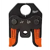 Milwaukee's M18™ Short Throw Press Tool with Viega PureFlow™ Jaws is depicted. It features a robust, black metallic build with orange jaw handles. The tool is suitable for pipe press fitting installations, enhancing job efficiency and precision in plumbing tasks.