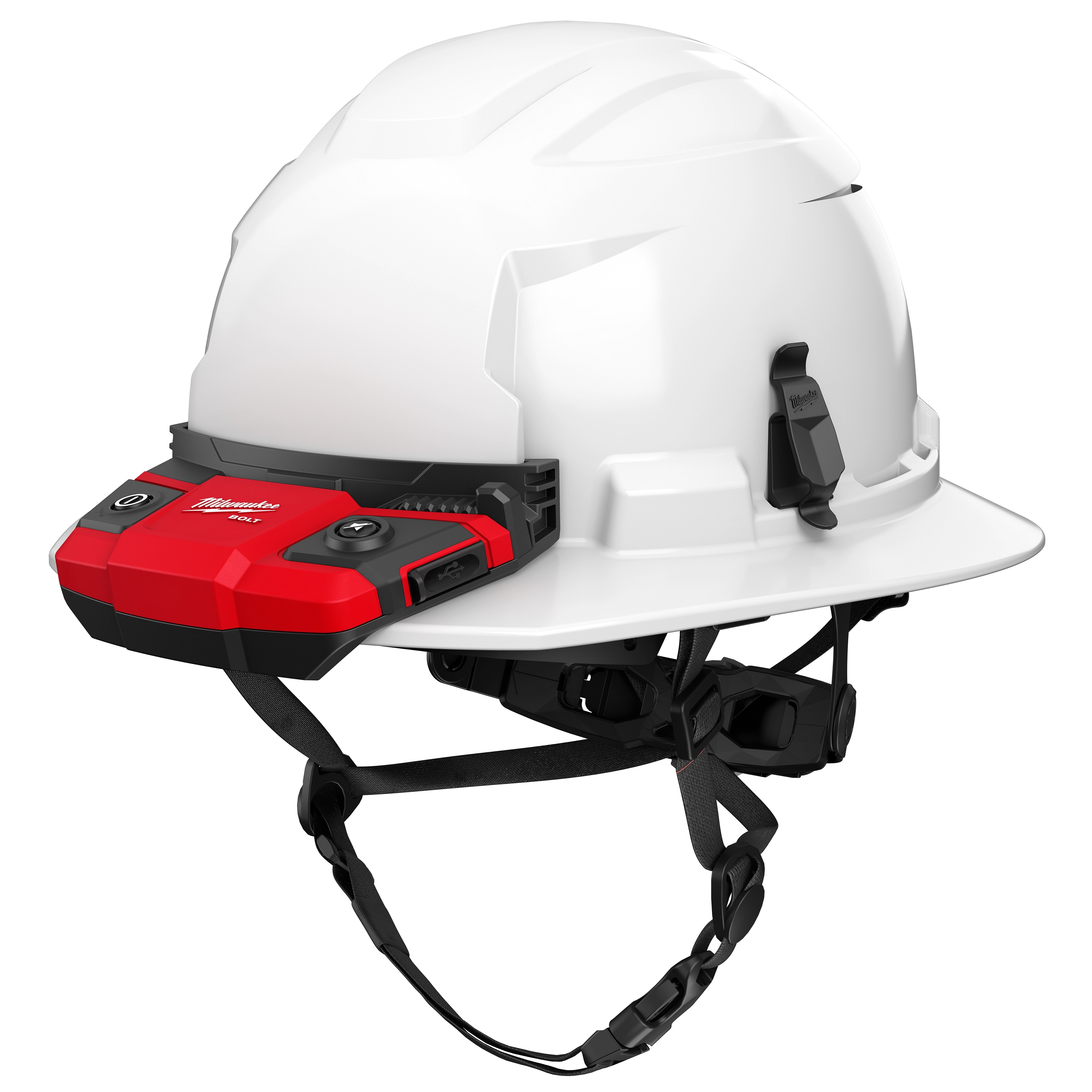 BOLT Personal Voltage Detector attached to a white safety helmet with a chin strap. The device is red and mounted at the front.
