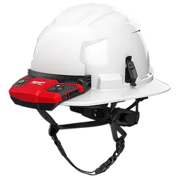 BOLT Personal Voltage Detector attached to a white safety helmet with a chin strap. The device is red and mounted at the front.