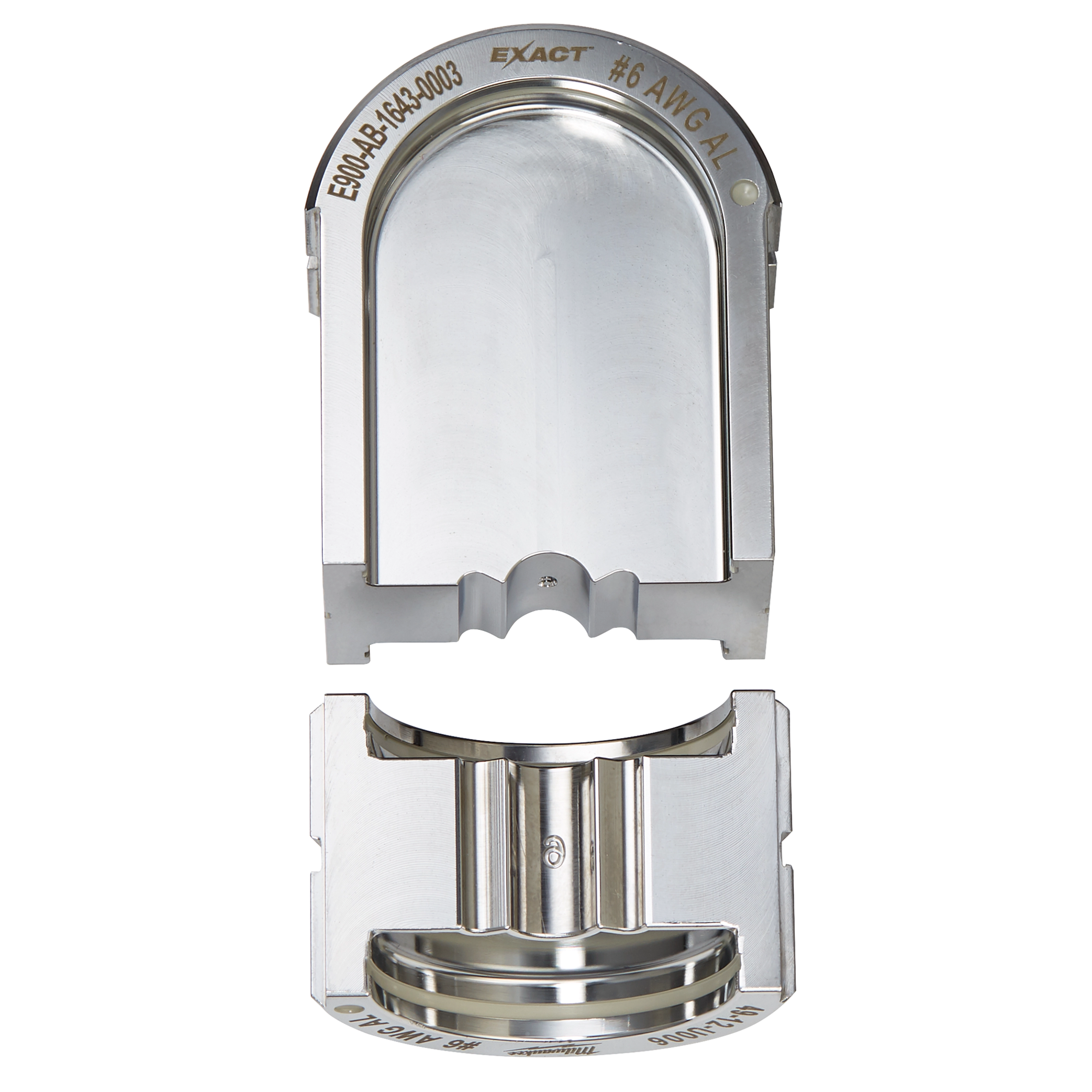 #236 Aluminum U Style Die, featuring two shiny, metallic components designed for crimping aluminum materials. The upper part is labeled "EXACT" and "#6 AWG AL," while the lower part has a curved inner surface.