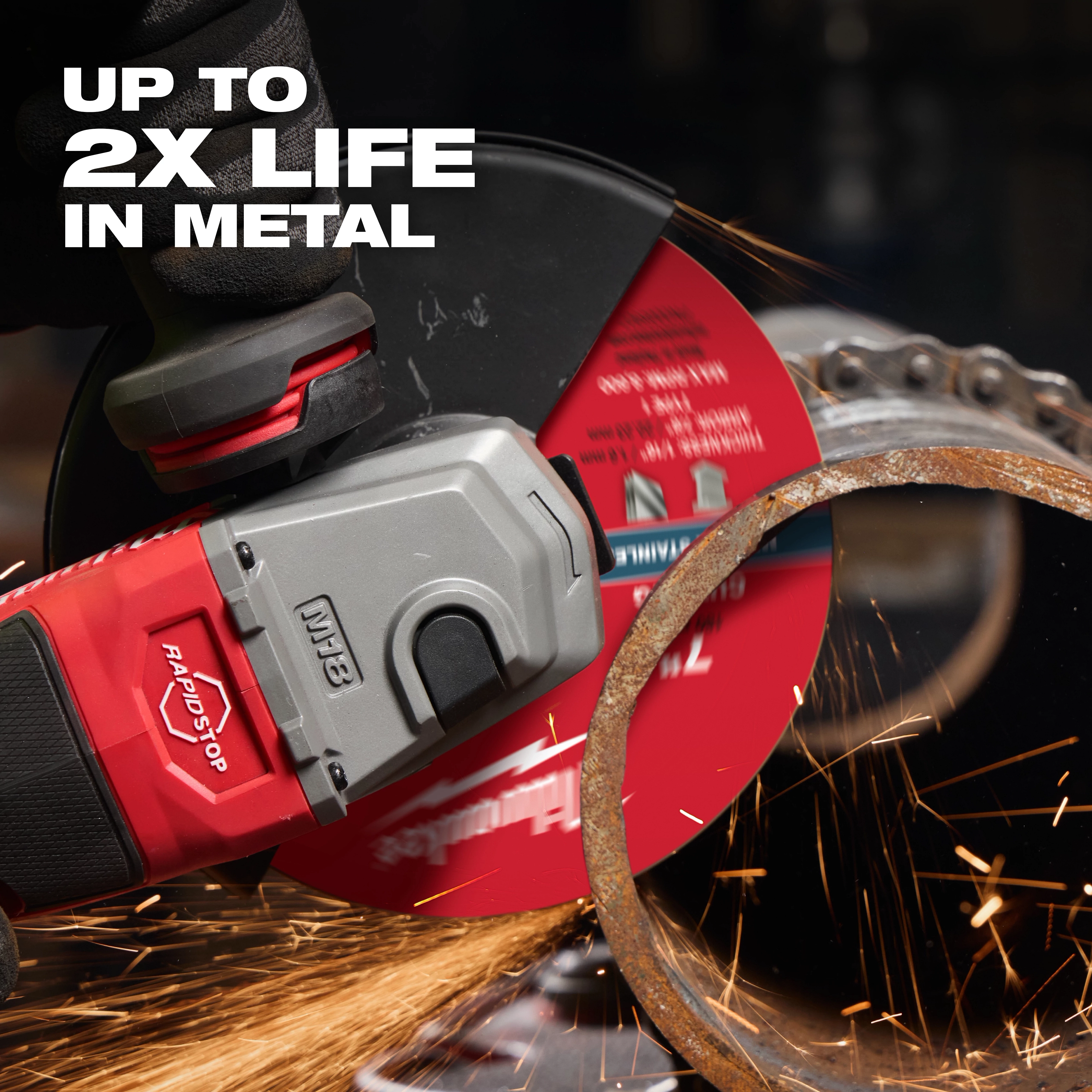 Bonded Abrasives Cutting tool is shown cutting through a metal pipe with sparks flying. Text reads "Up to 2x life in metal."