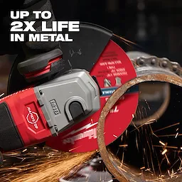 Bonded Abrasives Cutting tool is shown cutting through a metal pipe with sparks flying. Text reads "Up to 2x life in metal."