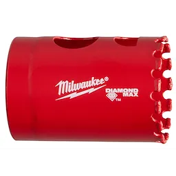 Red 1-1/4" Diamond Max diamond grit hole saw with sharp serrated edges and manufacturer's logo on the side.