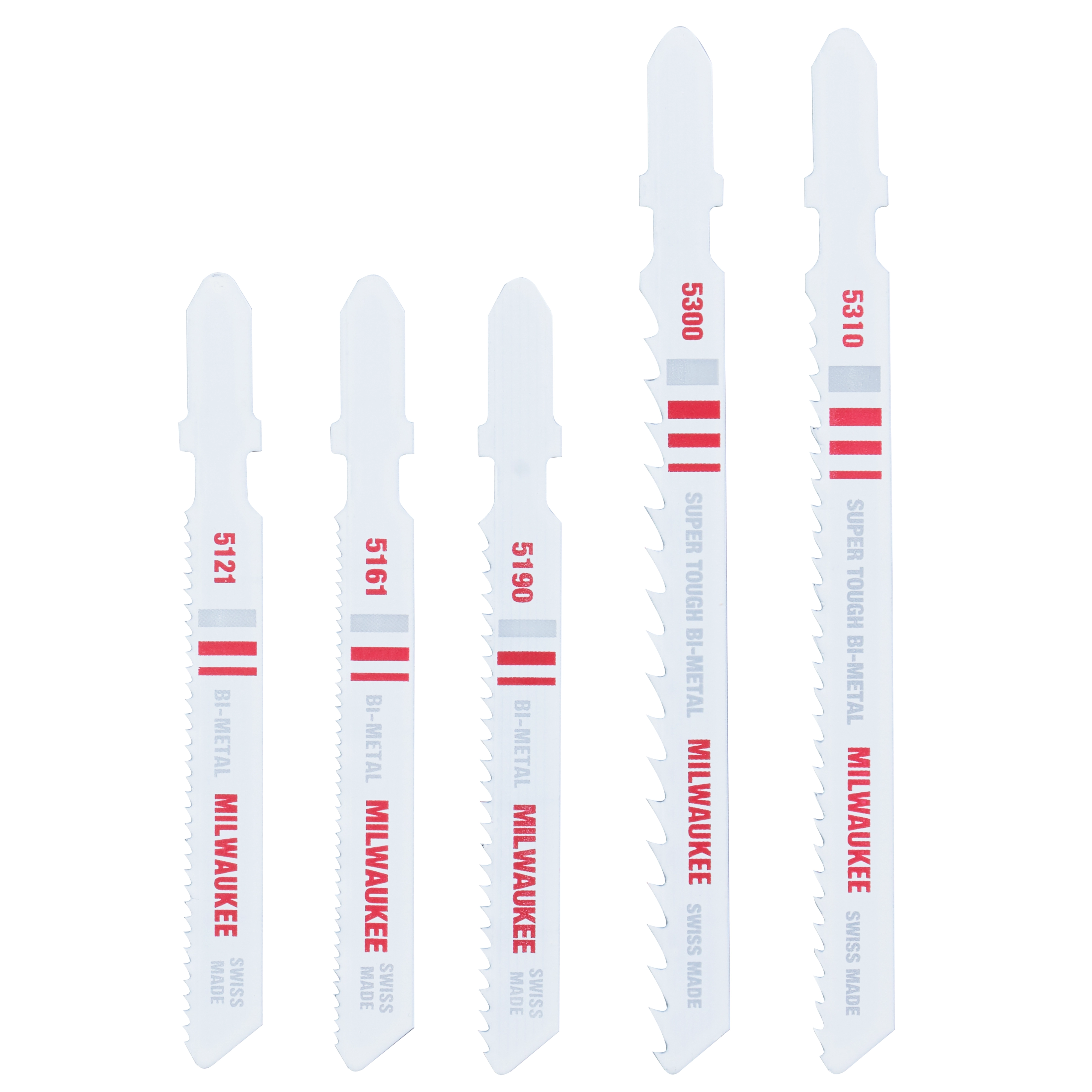 4" 8 TPI Metal Cutting T Shank Jig Saw Blade 5PK includes five white bi-metal blades with red and gray markings.