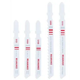 4" 8 TPI Metal Cutting T Shank Jig Saw Blade 5PK includes five white bi-metal blades with red and gray markings.