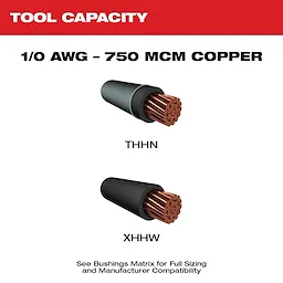 Specifications for M12 & M18 Cable Stripper Kit with 1/0 AWG - 750 MCM Copper capacity, suitable for THHN and XHHW bushings.